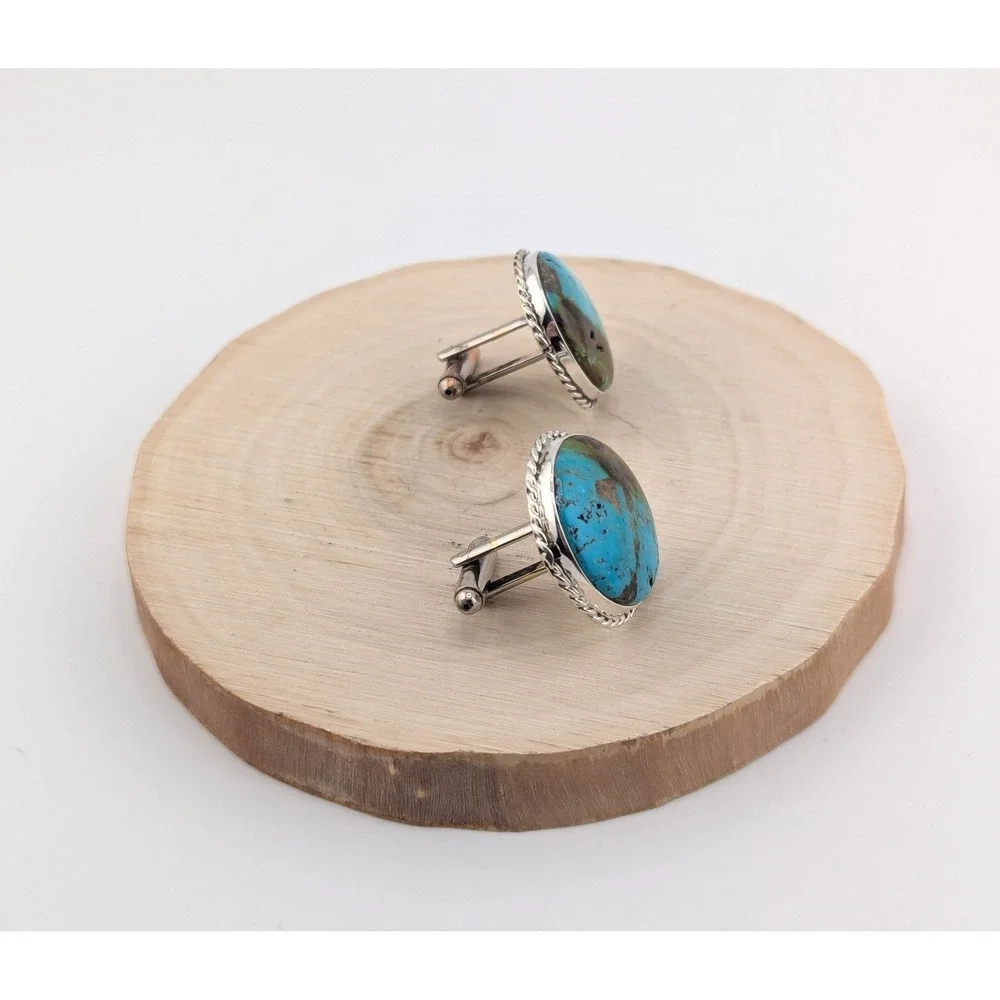 Genuine Navajo Men's Cuff‎ Links Sterling Silver Kingman Turquoise Stone